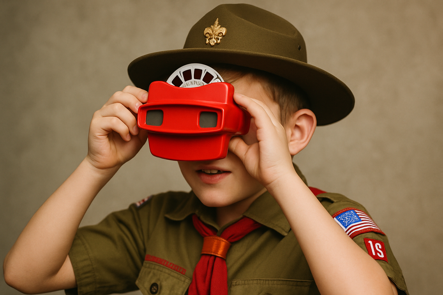 Young boy in a scout uniform viewing a viewmaster reel