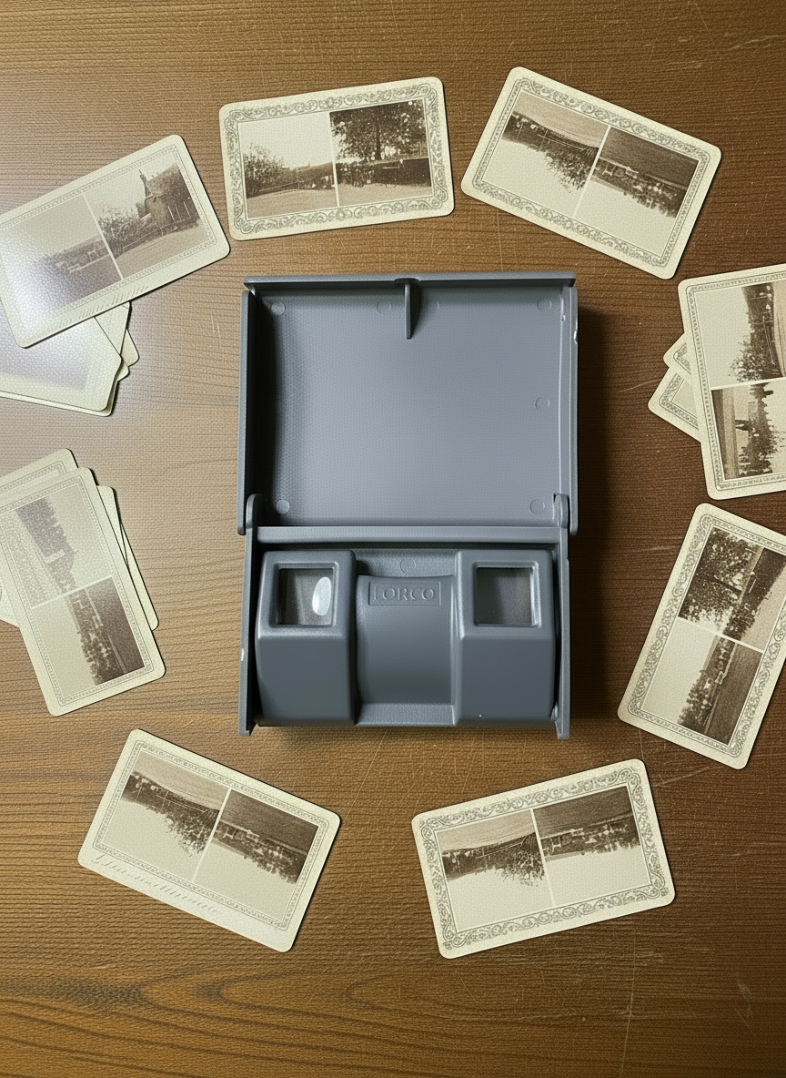 Vintage photo album with scattered black and white photographs on a wooden surface