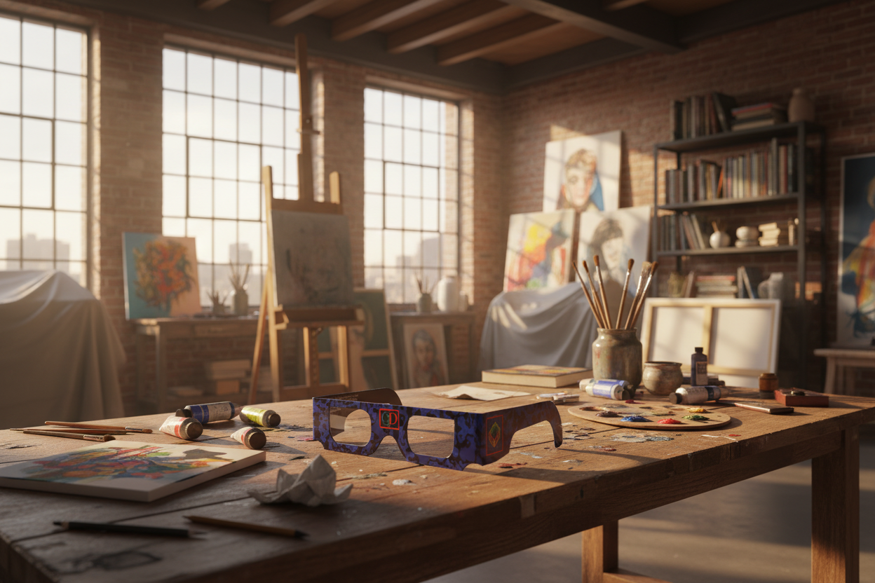 A rustic wooden artist's worktable in a sunlit brick studio, filled with paint tubes, brushes, a palette, and art supplies, with easels, paintings, and bookshelves in the background.