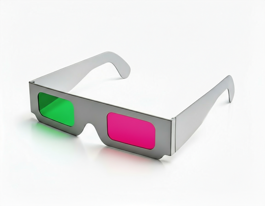 magenta and green 3D glasses on a white background