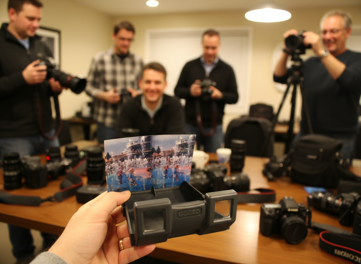 Person holding a photo of a cityscape with multiple photographers in the background using cameras.
