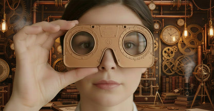 Person holding a cardboard virtual reality headset against their eyes with a blurred bookshelf background.