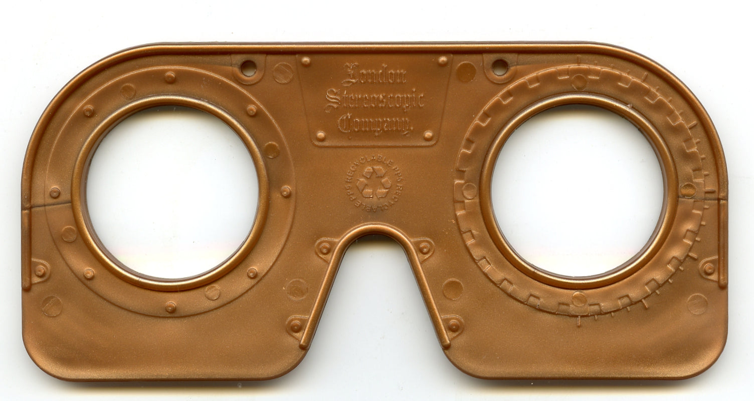 Brown 3D glasses with branding on a white background