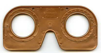 Brown 3D glasses with branding on a white background